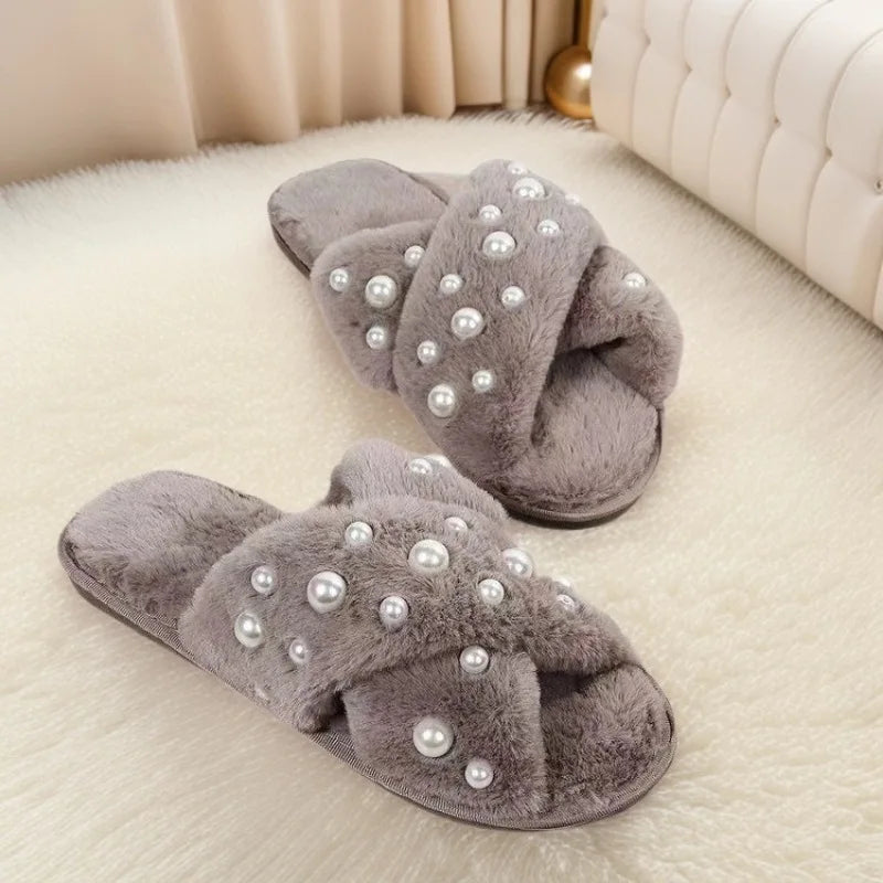 Thickened Pearl Furry Slippers Women's Home Indoor Cross Warm Anti-Slip Cotton Slippers Comfortable Cozy Princess Series