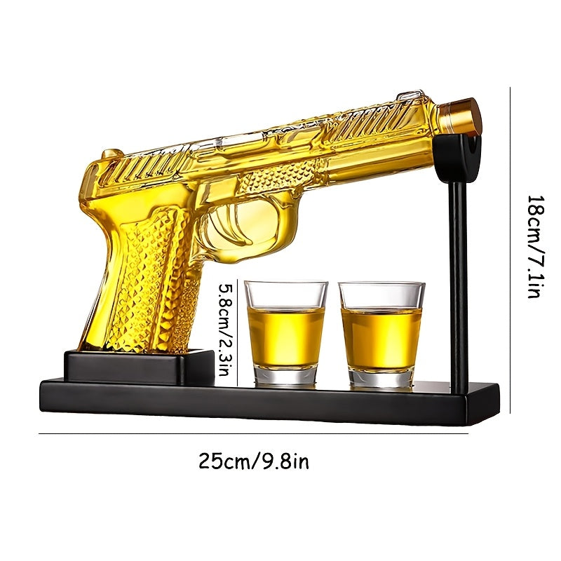 Pistol Design Whiskey Decanter Set with 2 Shot Glasses, Unique Handcrafted Glass Bottle for Whiskey Lovers & Father's Day Gifts