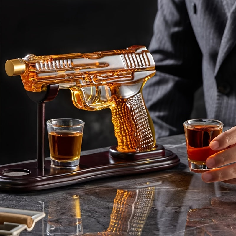 Pistol Design Whiskey Decanter Set with 2 Shot Glasses, Unique Handcrafted Glass Bottle for Whiskey Lovers & Father's Day Gifts