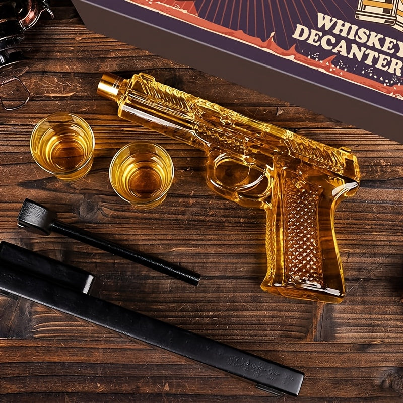 Pistol Design Whiskey Decanter Set with 2 Shot Glasses, Unique Handcrafted Glass Bottle for Whiskey Lovers & Father's Day Gifts