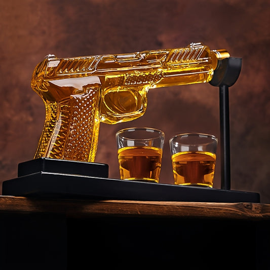 Pistol Design Whiskey Decanter Set with 2 Shot Glasses, Unique Handcrafted Glass Bottle for Whiskey Lovers & Father's Day Gifts