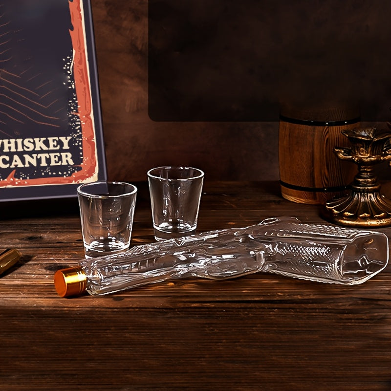 Pistol Design Whiskey Decanter Set with 2 Shot Glasses, Unique Handcrafted Glass Bottle for Whiskey Lovers & Father's Day Gifts