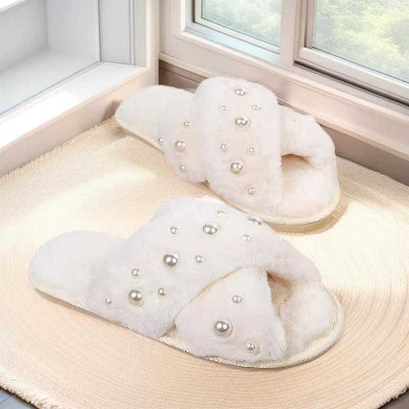 Thickened Pearl Furry Slippers Women's Home Indoor Cross Warm Anti-Slip Cotton Slippers Comfortable Cozy Princess Series