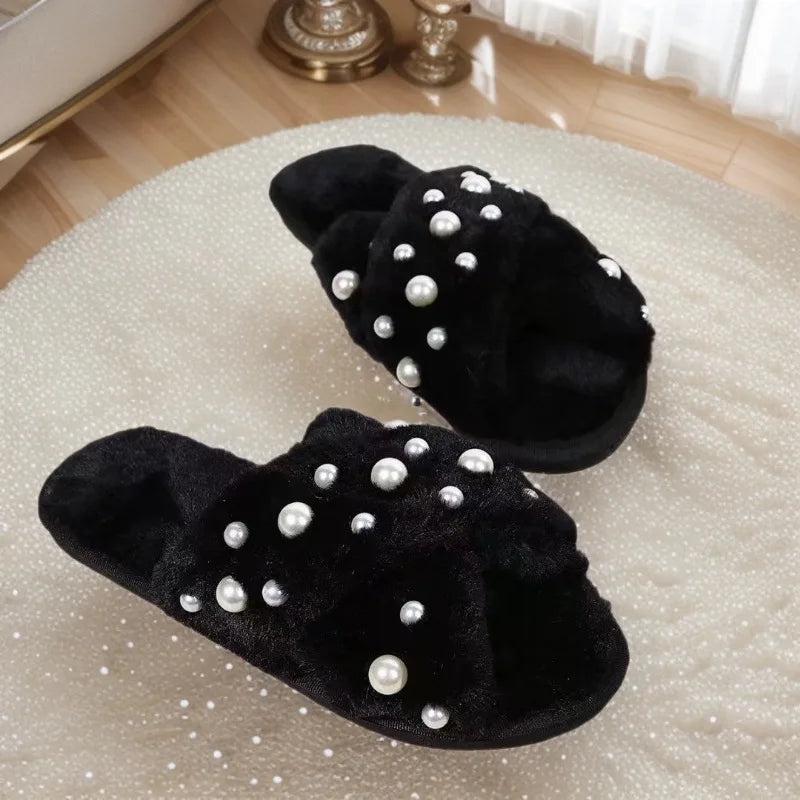 Thickened Pearl Furry Slippers Women's Home Indoor Cross Warm Anti-Slip Cotton Slippers Comfortable Cozy Princess Series