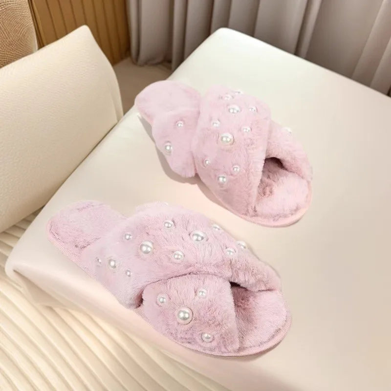 Thickened Pearl Furry Slippers Women's Home Indoor Cross Warm Anti-Slip Cotton Slippers Comfortable Cozy Princess Series
