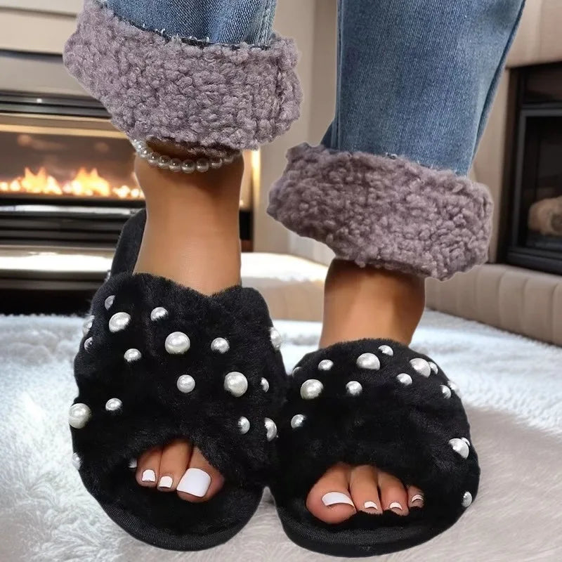 Thickened Pearl Furry Slippers Women's Home Indoor Cross Warm Anti-Slip Cotton Slippers Comfortable Cozy Princess Series